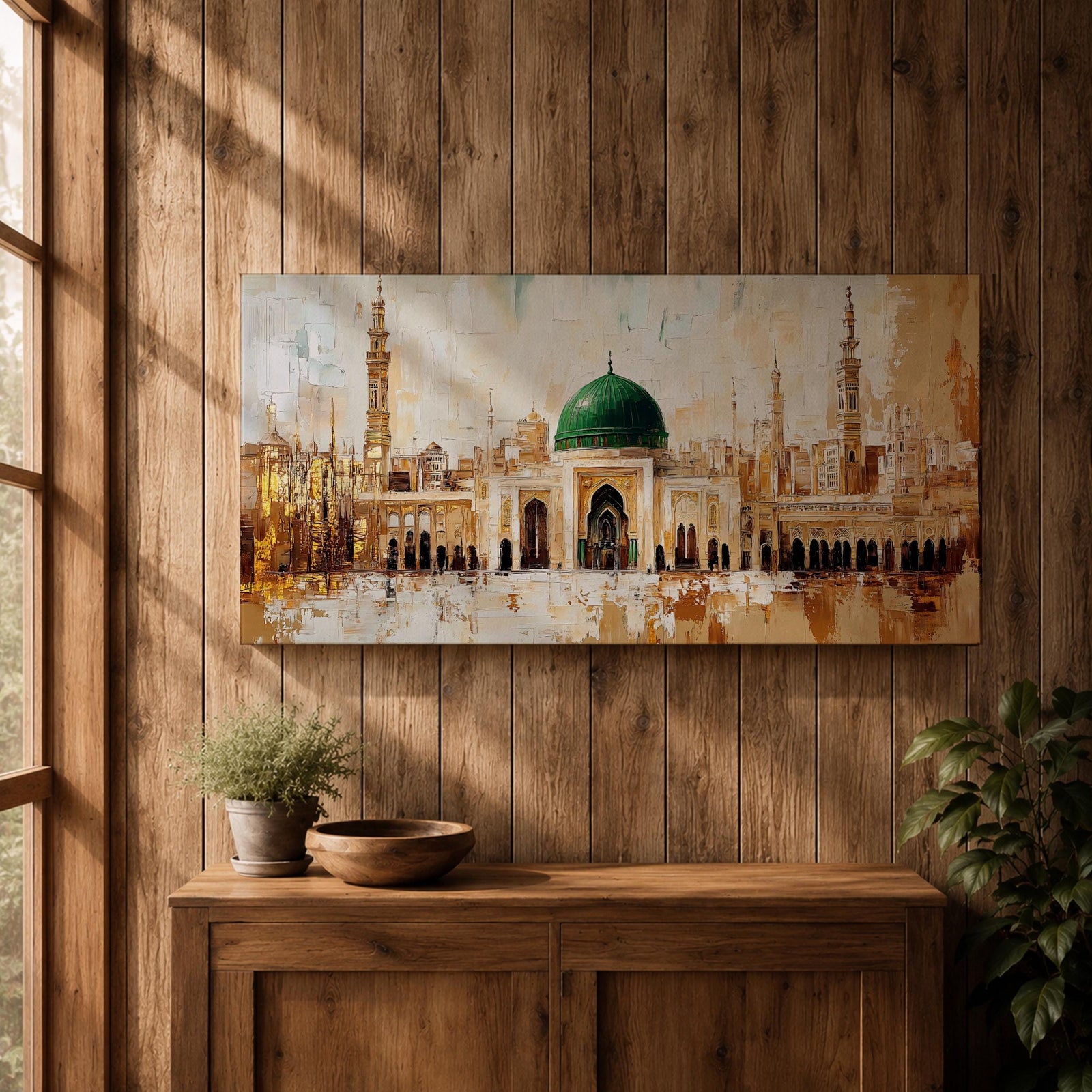 Panoramic painting of Al Masjid an Nabawi in Medina featuring the iconic green dome centered among ornate mosque architecture and tall minarets rising against a warm textured skyline. Thick palette knife strokes form arches domes and city structures creating a wide horizontal Islamic architectural scene with layered gold beige and green tones.