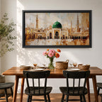 Panoramic painting of Al Masjid an Nabawi in Medina featuring the iconic green dome centered among ornate mosque architecture and tall minarets rising against a warm textured skyline. Thick palette knife strokes form arches domes and city structures creating a wide horizontal Islamic architectural scene with layered gold beige and green tones.
