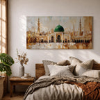 Panoramic painting of Al Masjid an Nabawi in Medina featuring the iconic green dome centered among ornate mosque architecture and tall minarets rising against a warm textured skyline. Thick palette knife strokes form arches domes and city structures creating a wide horizontal Islamic architectural scene with layered gold beige and green tones.
