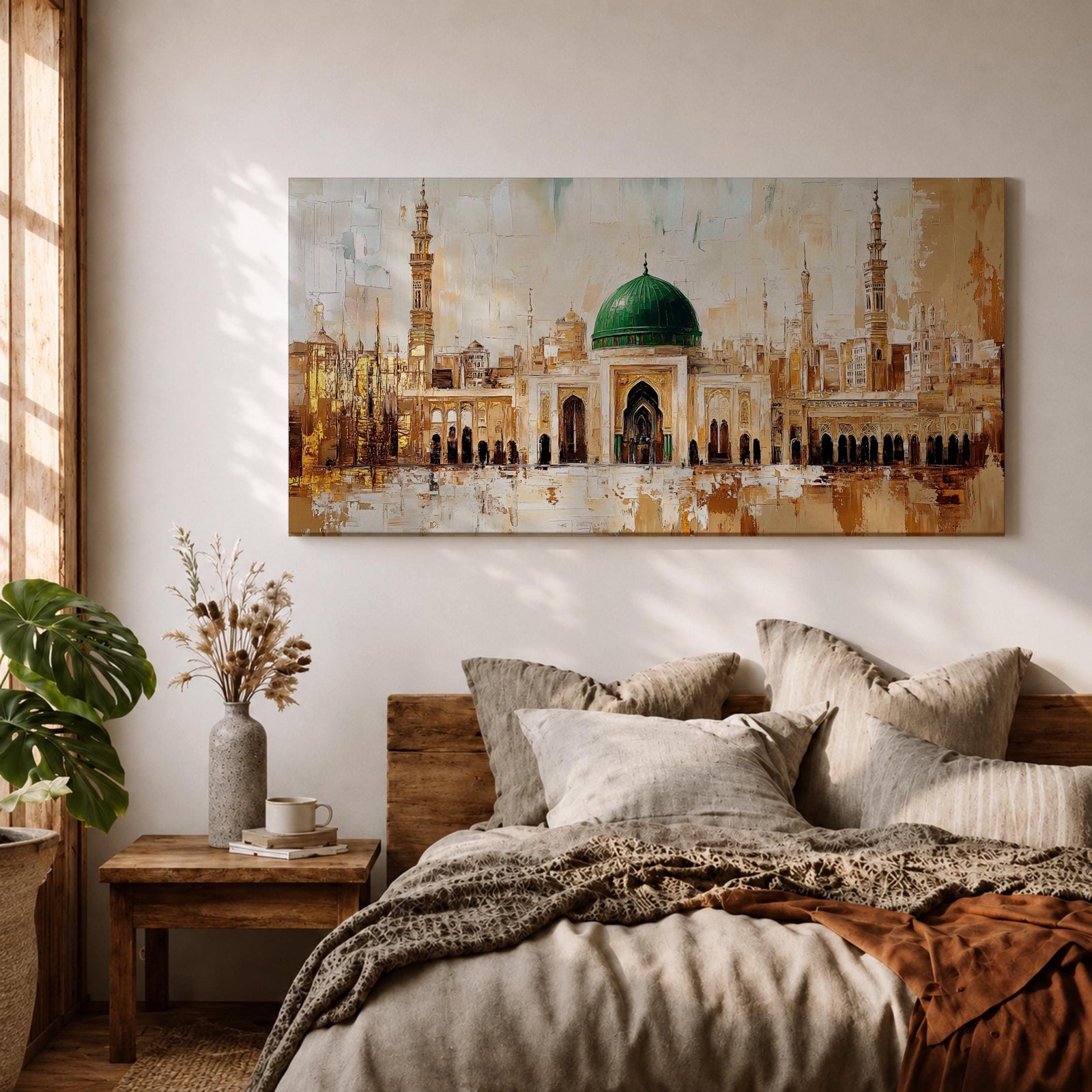 Panoramic painting of Al Masjid an Nabawi in Medina featuring the iconic green dome centered among ornate mosque architecture and tall minarets rising against a warm textured skyline. Thick palette knife strokes form arches domes and city structures creating a wide horizontal Islamic architectural scene with layered gold beige and green tones.