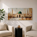 Panoramic painting of Al Masjid an Nabawi in Medina featuring the iconic green dome centered among ornate mosque architecture and tall minarets rising against a warm textured skyline. Thick palette knife strokes form arches domes and city structures creating a wide horizontal Islamic architectural scene with layered gold beige and green tones.