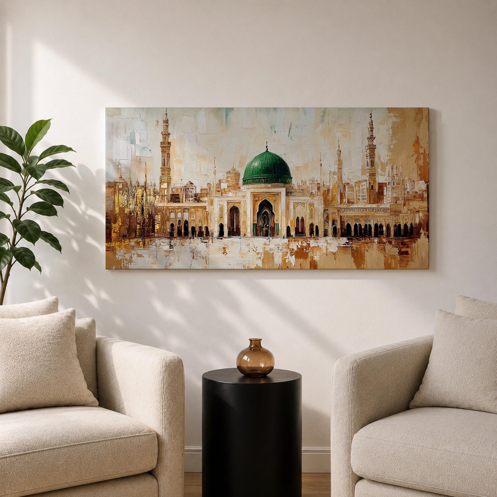 Panoramic painting of Al Masjid an Nabawi in Medina featuring the iconic green dome centered among ornate mosque architecture and tall minarets rising against a warm textured skyline. Thick palette knife strokes form arches domes and city structures creating a wide horizontal Islamic architectural scene with layered gold beige and green tones.