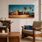 Panoramic painting of a Moroccan kasbah built from warm earthen walls set in a desert landscape with tall palm trees and distant snow capped mountains beneath a bright blue sky. Thick palette knife textures shape the fortress architecture sandy ground and foliage creating a wide horizontal North African landscape scene with bold contrast.