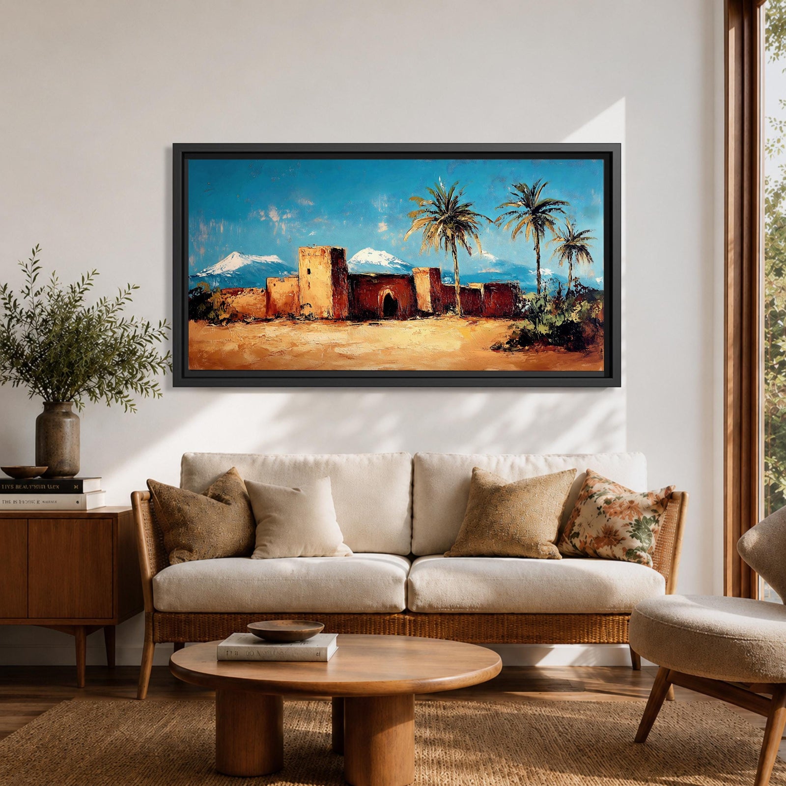 Panoramic painting of a Moroccan kasbah built from warm earthen walls set in a desert landscape with tall palm trees and distant snow capped mountains beneath a bright blue sky. Thick palette knife textures shape the fortress architecture sandy ground and foliage creating a wide horizontal North African landscape scene with bold contrast.