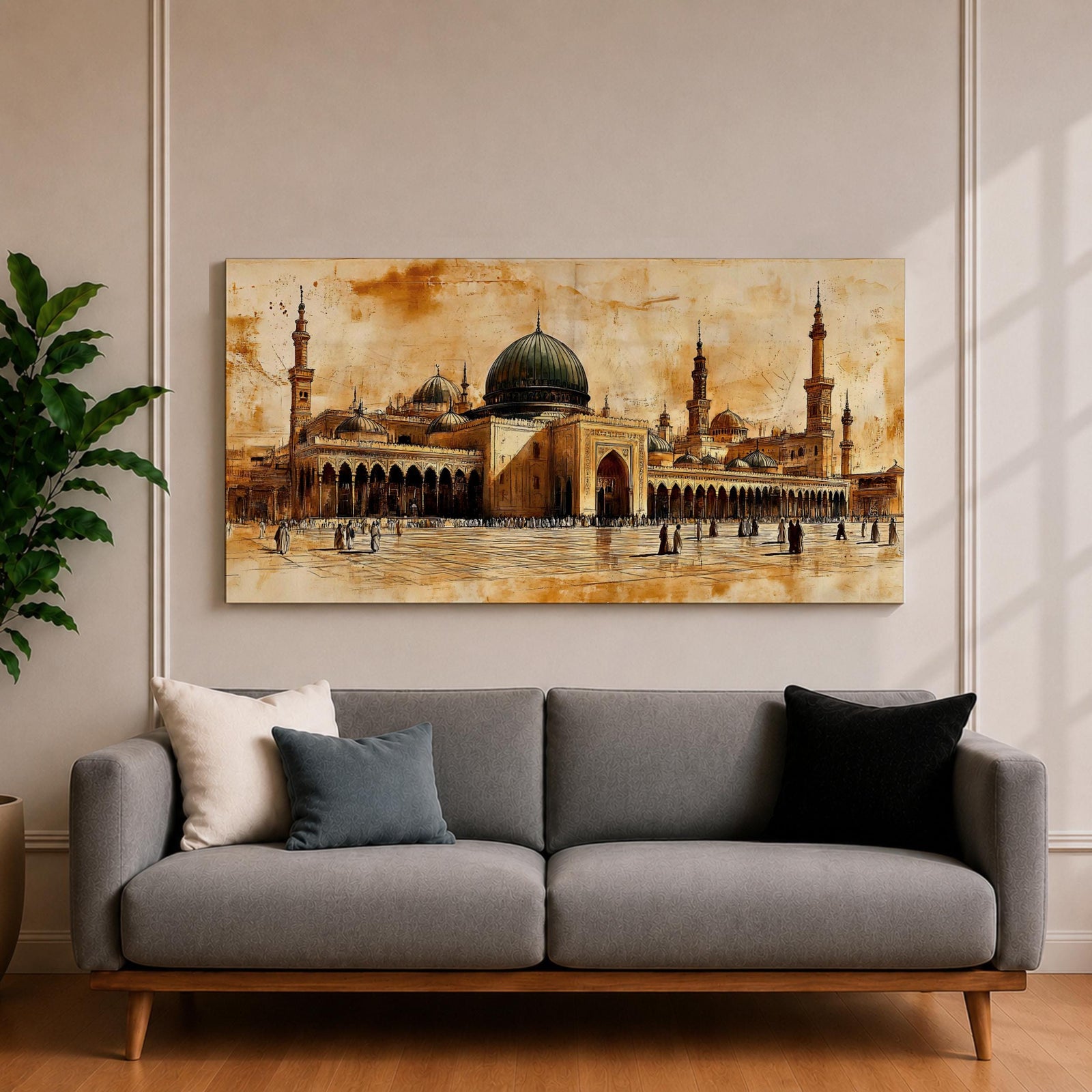 Panoramic painting of Al Masjid an Nabawi in Medina featuring the iconic green dome surrounded by tall minarets and expansive mosque courtyards. The architectural arches and domes are rendered with textured sepia brushwork while small figures walk across the reflective marble courtyard.