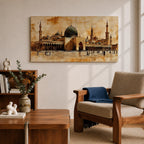 Panoramic painting of Al Masjid an Nabawi in Medina featuring the iconic green dome surrounded by tall minarets and expansive mosque courtyards. The architectural arches and domes are rendered with textured sepia brushwork while small figures walk across the reflective marble courtyard.