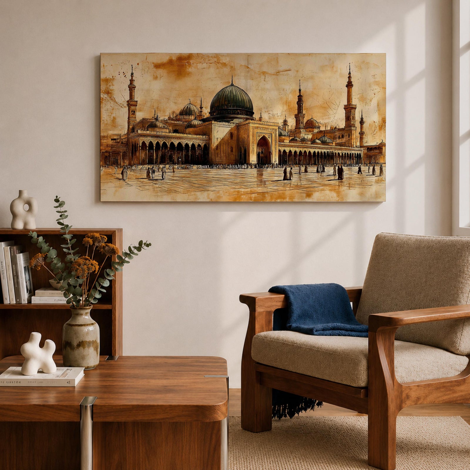 Panoramic painting of Al Masjid an Nabawi in Medina featuring the iconic green dome surrounded by tall minarets and expansive mosque courtyards. The architectural arches and domes are rendered with textured sepia brushwork while small figures walk across the reflective marble courtyard.