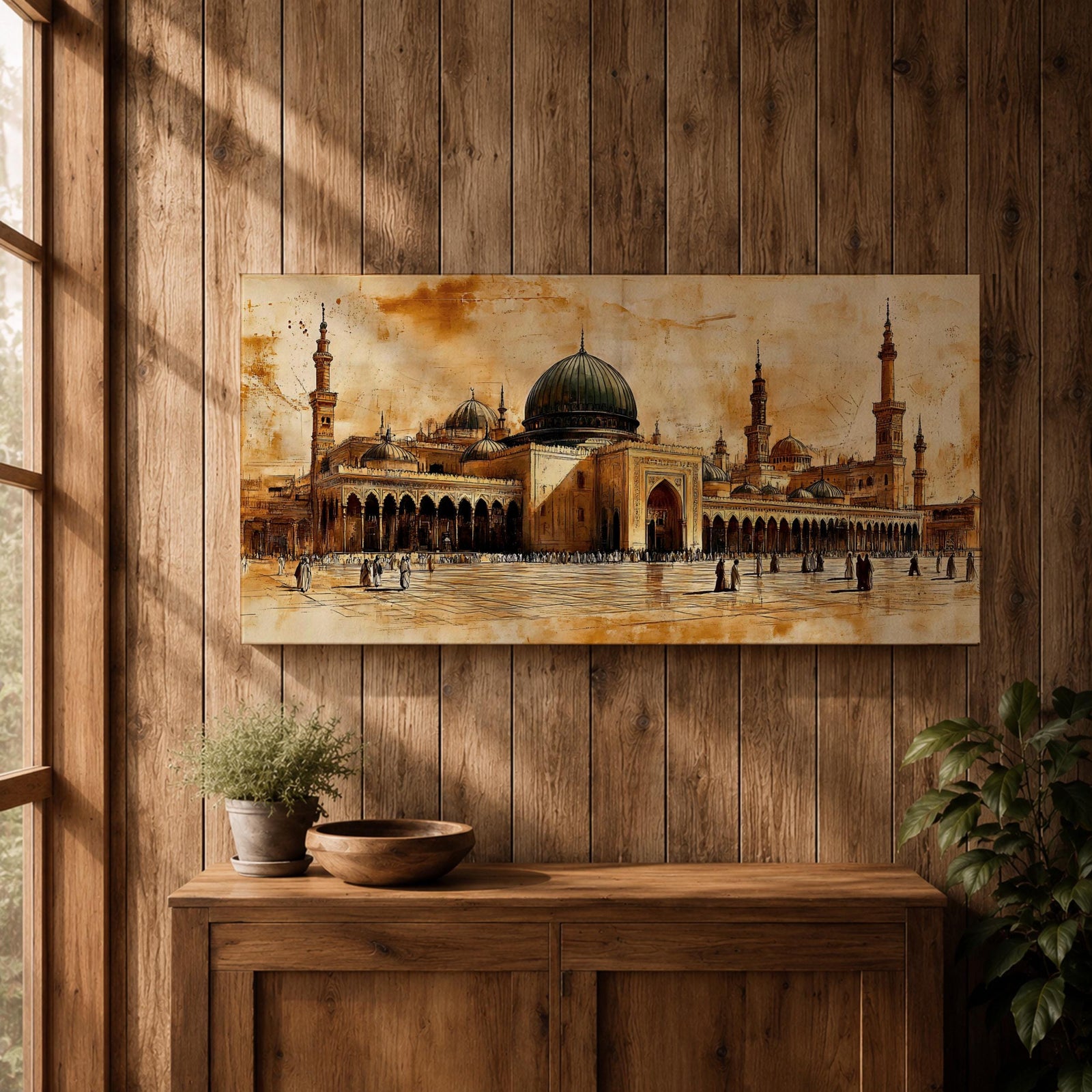 Panoramic painting of Al Masjid an Nabawi in Medina featuring the iconic green dome surrounded by tall minarets and expansive mosque courtyards. The architectural arches and domes are rendered with textured sepia brushwork while small figures walk across the reflective marble courtyard.
