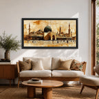 Panoramic painting of Al Masjid an Nabawi in Medina featuring the iconic green dome surrounded by tall minarets and expansive mosque courtyards. The architectural arches and domes are rendered with textured sepia brushwork while small figures walk across the reflective marble courtyard.