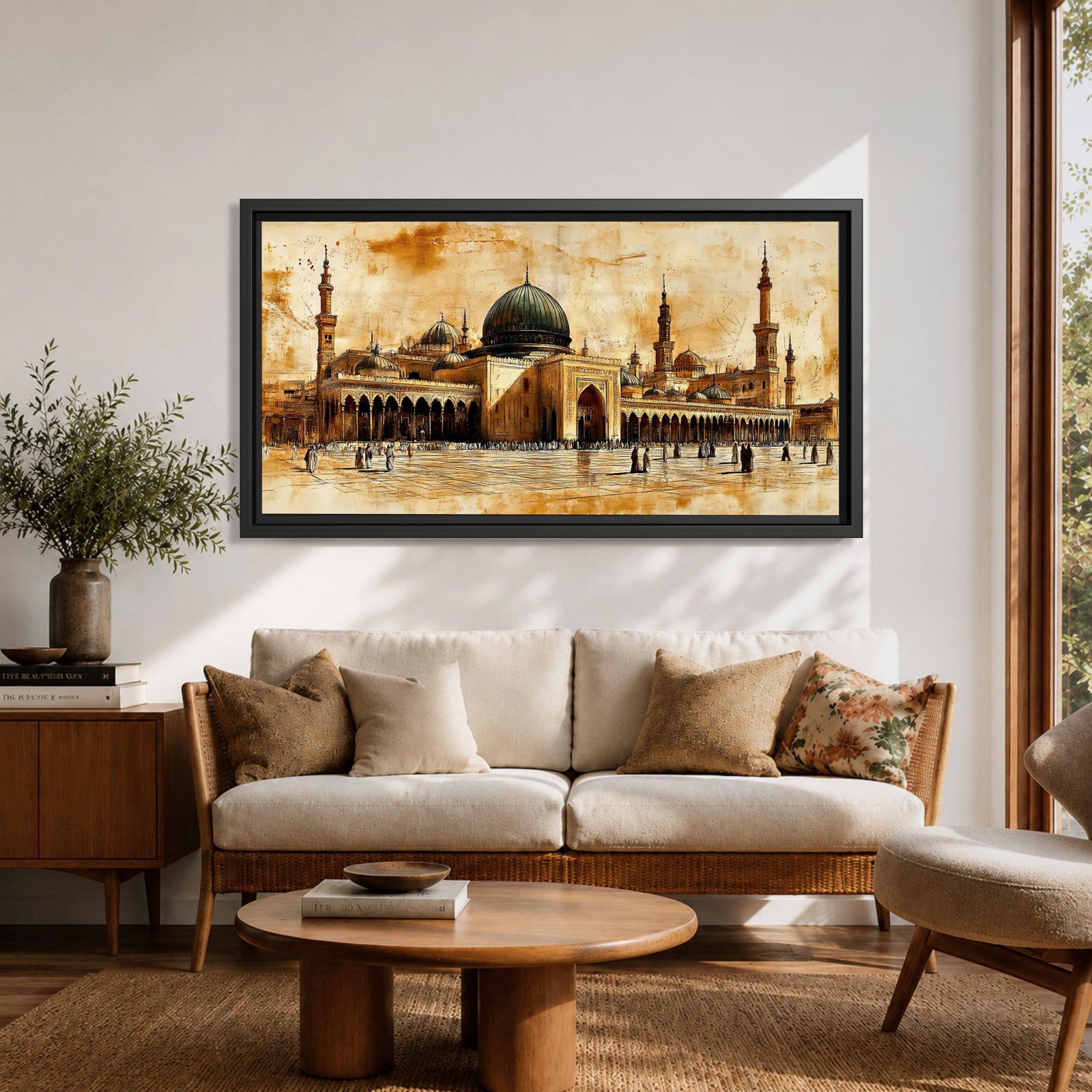 Panoramic painting of Al Masjid an Nabawi in Medina featuring the iconic green dome surrounded by tall minarets and expansive mosque courtyards. The architectural arches and domes are rendered with textured sepia brushwork while small figures walk across the reflective marble courtyard.