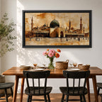 Panoramic painting of Al Masjid an Nabawi in Medina featuring the iconic green dome surrounded by tall minarets and expansive mosque courtyards. The architectural arches and domes are rendered with textured sepia brushwork while small figures walk across the reflective marble courtyard.