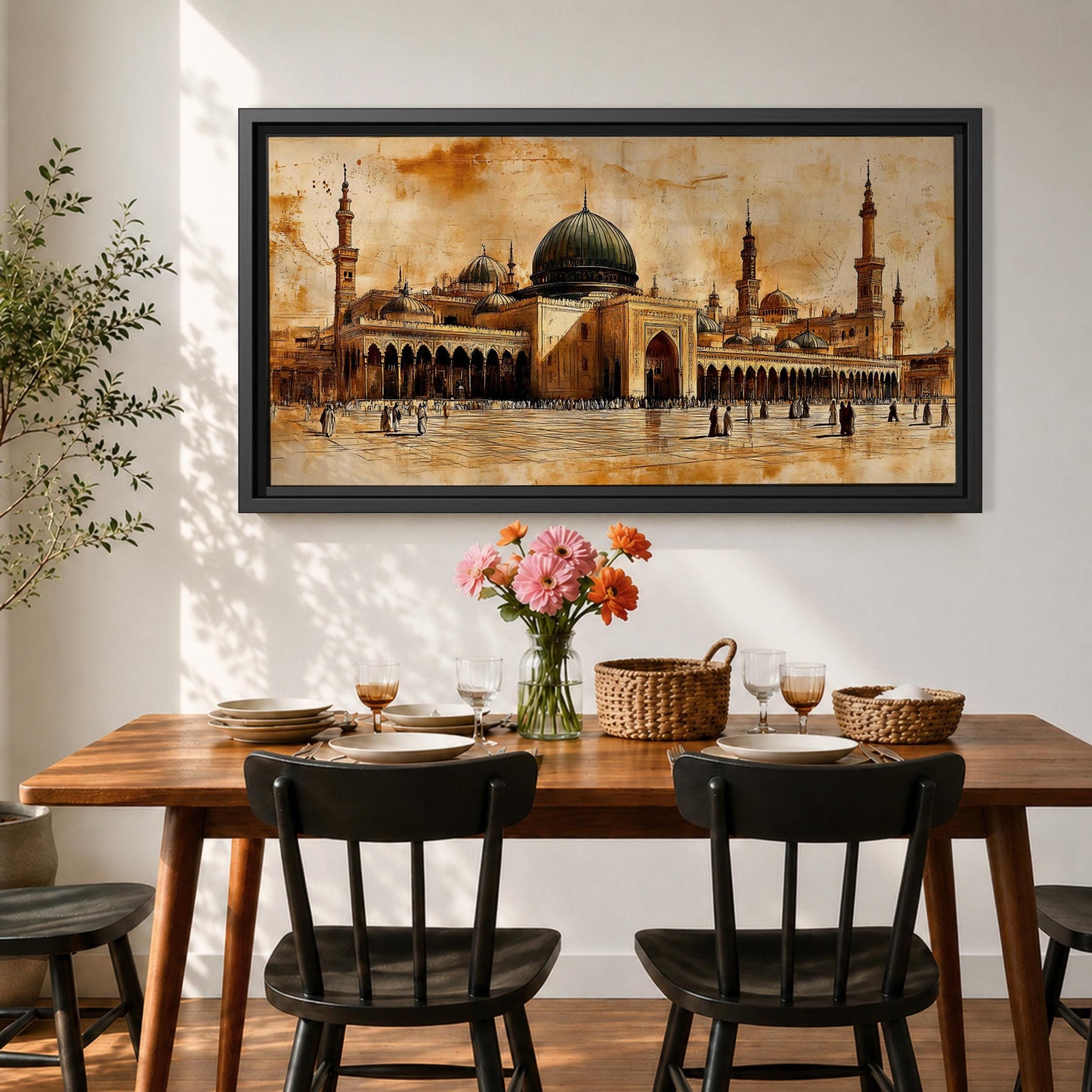 Panoramic painting of Al Masjid an Nabawi in Medina featuring the iconic green dome surrounded by tall minarets and expansive mosque courtyards. The architectural arches and domes are rendered with textured sepia brushwork while small figures walk across the reflective marble courtyard.