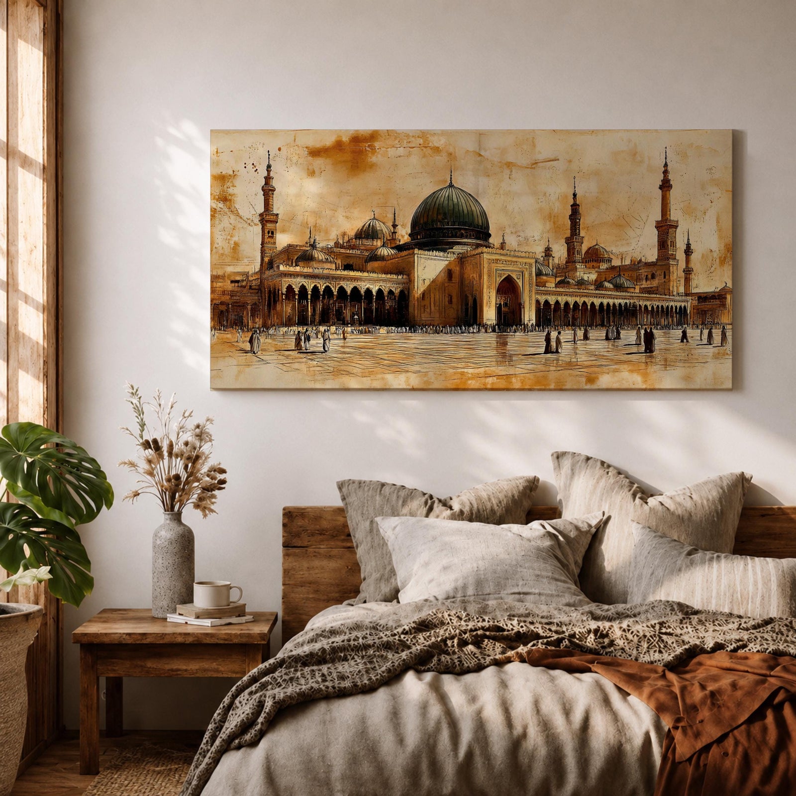 Panoramic painting of Al Masjid an Nabawi in Medina featuring the iconic green dome surrounded by tall minarets and expansive mosque courtyards. The architectural arches and domes are rendered with textured sepia brushwork while small figures walk across the reflective marble courtyard.