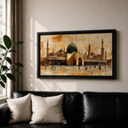 Panoramic painting of Al Masjid an Nabawi in Medina featuring the iconic green dome surrounded by tall minarets and expansive mosque courtyards. The architectural arches and domes are rendered with textured sepia brushwork while small figures walk across the reflective marble courtyard.