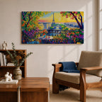 Panoramic painting of the Tour Eiffel rising above the Paris skyline viewed from the Champ de Mars with colorful textured brushstrokes forming surrounding buildings trees and glowing sky. Thick palette knife layers create vibrant reflections architectural details and expressive tones across the wide cityscape composition.