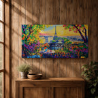 Panoramic painting of the Tour Eiffel rising above the Paris skyline viewed from the Champ de Mars with colorful textured brushstrokes forming surrounding buildings trees and glowing sky. Thick palette knife layers create vibrant reflections architectural details and expressive tones across the wide cityscape composition.
