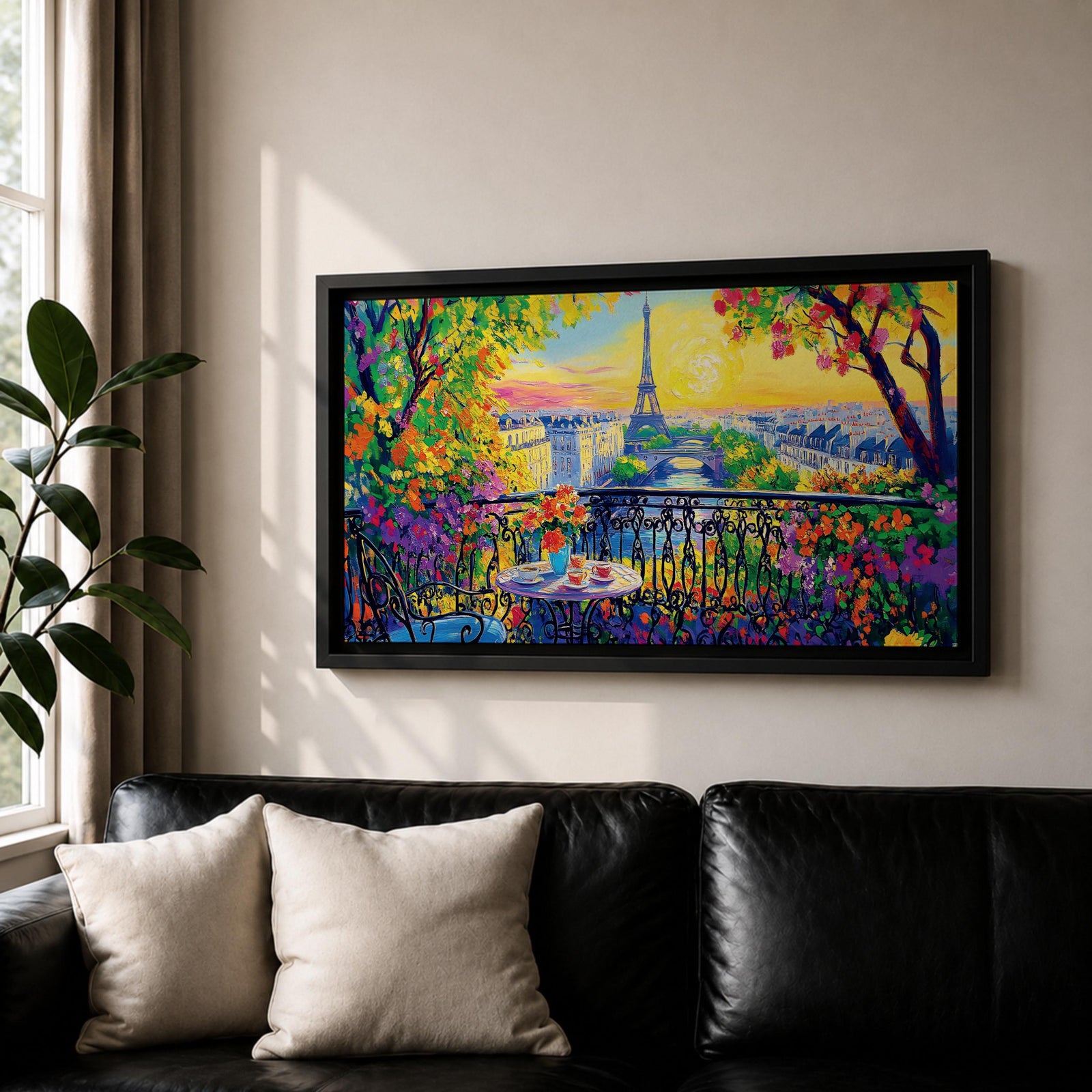 Panoramic painting of the Tour Eiffel rising above the Paris skyline viewed from the Champ de Mars with colorful textured brushstrokes forming surrounding buildings trees and glowing sky. Thick palette knife layers create vibrant reflections architectural details and expressive tones across the wide cityscape composition.