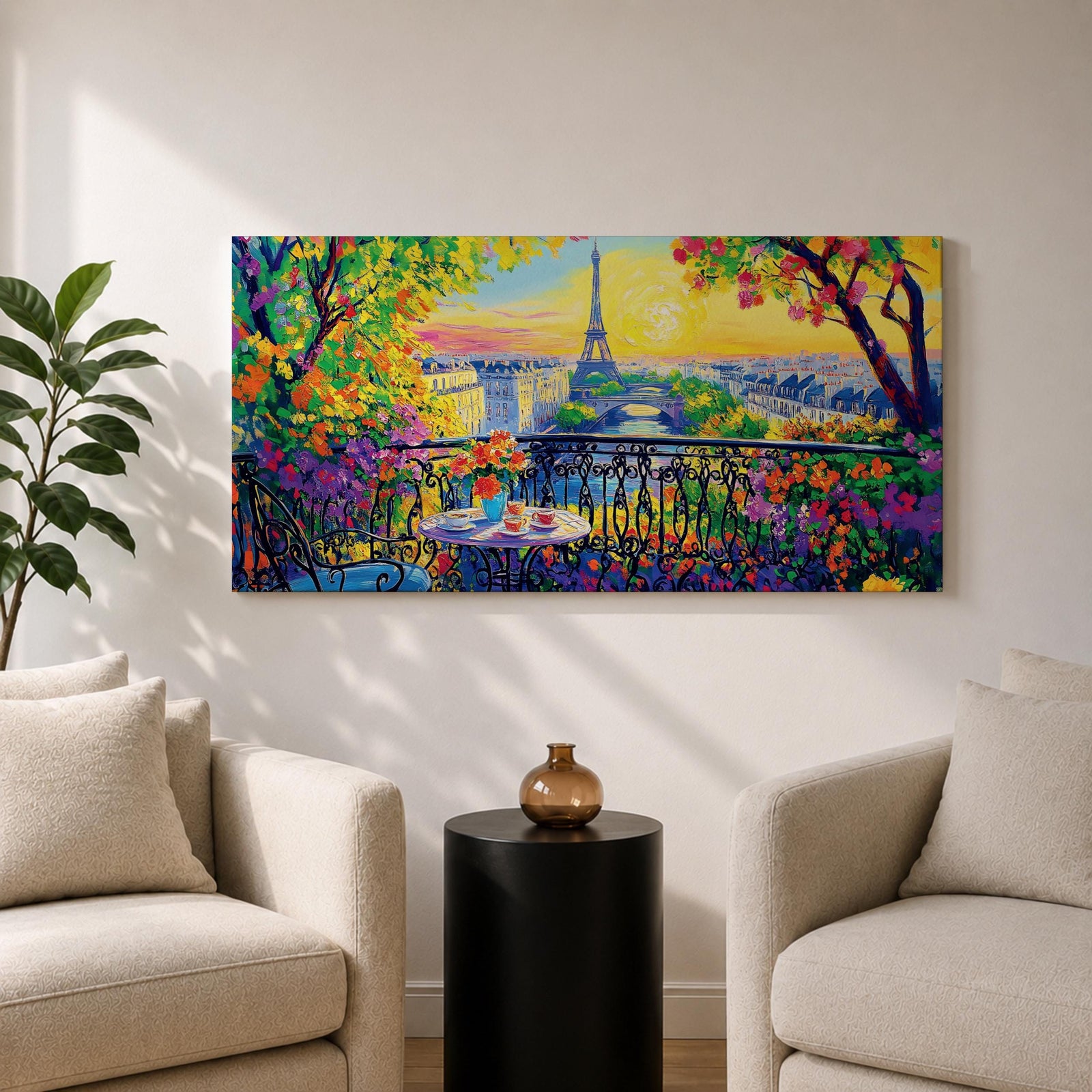 Panoramic painting of the Tour Eiffel rising above the Paris skyline viewed from the Champ de Mars with colorful textured brushstrokes forming surrounding buildings trees and glowing sky. Thick palette knife layers create vibrant reflections architectural details and expressive tones across the wide cityscape composition.