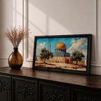 Panoramic painting of Masjid Al Aqsa complex in Jerusalem featuring the golden Dome of the Rock rising above stone walls and blue tiled architecture. Olive trees stand in the foreground while textured brushstrokes capture the historic Islamic shrine beneath a bright sky with scattered clouds across the wide composition.