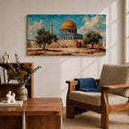 Panoramic painting of Masjid Al Aqsa complex in Jerusalem featuring the golden Dome of the Rock rising above stone walls and blue tiled architecture. Olive trees stand in the foreground while textured brushstrokes capture the historic Islamic shrine beneath a bright sky with scattered clouds across the wide composition.