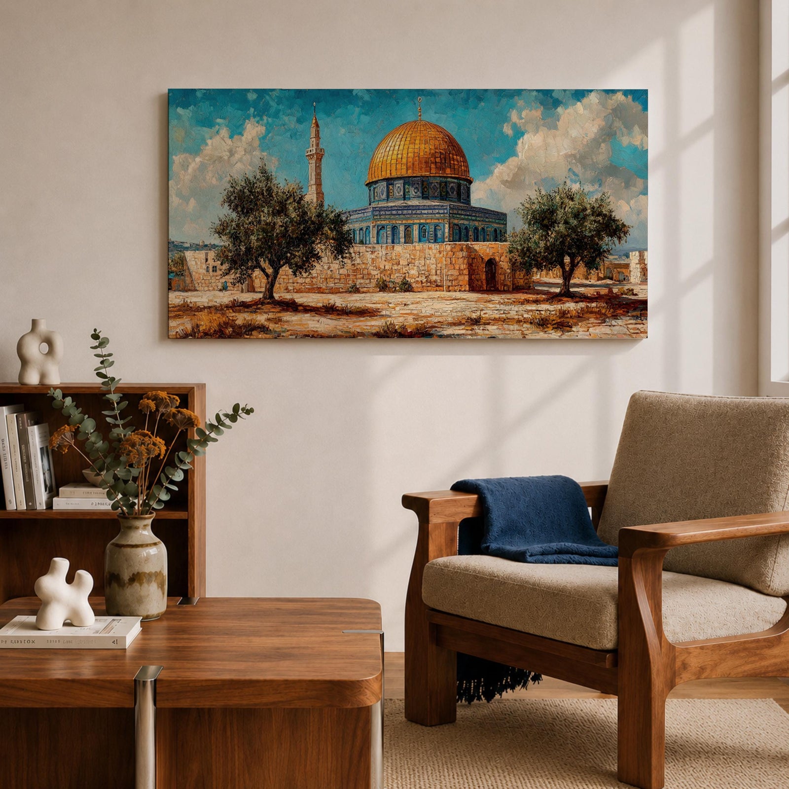 Panoramic painting of Masjid Al Aqsa complex in Jerusalem featuring the golden Dome of the Rock rising above stone walls and blue tiled architecture. Olive trees stand in the foreground while textured brushstrokes capture the historic Islamic shrine beneath a bright sky with scattered clouds across the wide composition.