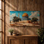 Panoramic painting of Masjid Al Aqsa complex in Jerusalem featuring the golden Dome of the Rock rising above stone walls and blue tiled architecture. Olive trees stand in the foreground while textured brushstrokes capture the historic Islamic shrine beneath a bright sky with scattered clouds across the wide composition.