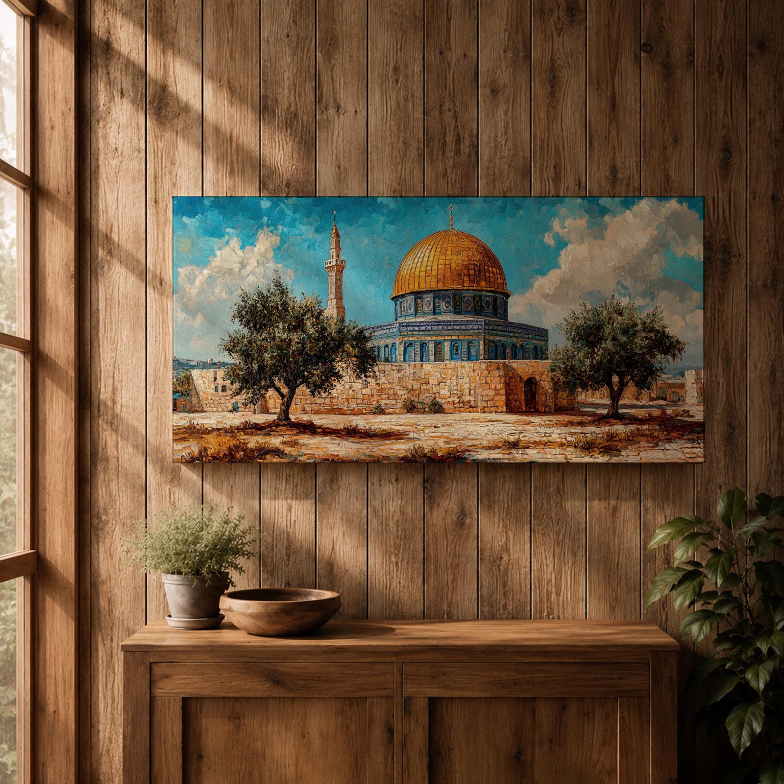 Panoramic painting of Masjid Al Aqsa complex in Jerusalem featuring the golden Dome of the Rock rising above stone walls and blue tiled architecture. Olive trees stand in the foreground while textured brushstrokes capture the historic Islamic shrine beneath a bright sky with scattered clouds across the wide composition.