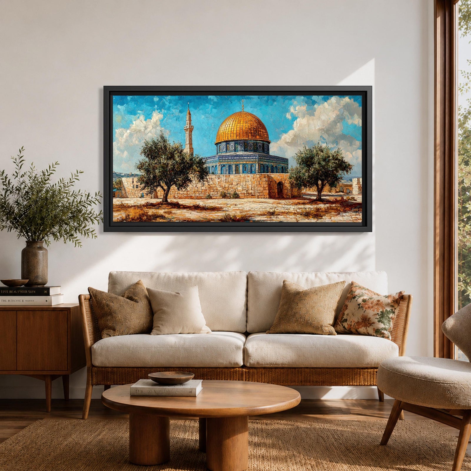Panoramic painting of Masjid Al Aqsa complex in Jerusalem featuring the golden Dome of the Rock rising above stone walls and blue tiled architecture. Olive trees stand in the foreground while textured brushstrokes capture the historic Islamic shrine beneath a bright sky with scattered clouds across the wide composition.