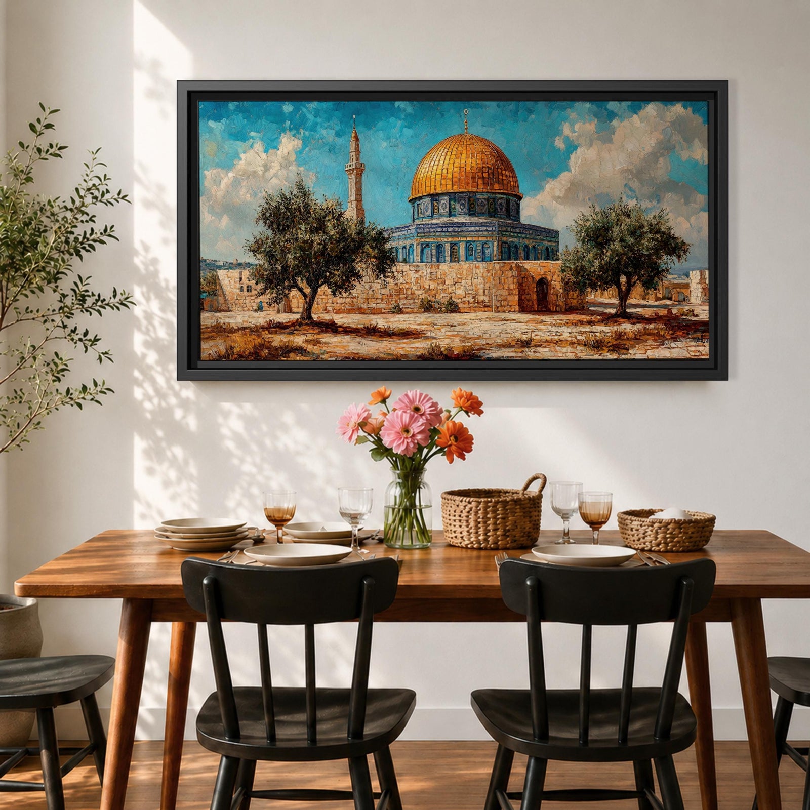 Panoramic painting of Masjid Al Aqsa complex in Jerusalem featuring the golden Dome of the Rock rising above stone walls and blue tiled architecture. Olive trees stand in the foreground while textured brushstrokes capture the historic Islamic shrine beneath a bright sky with scattered clouds across the wide composition.
