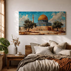 Panoramic painting of Masjid Al Aqsa complex in Jerusalem featuring the golden Dome of the Rock rising above stone walls and blue tiled architecture. Olive trees stand in the foreground while textured brushstrokes capture the historic Islamic shrine beneath a bright sky with scattered clouds across the wide composition.