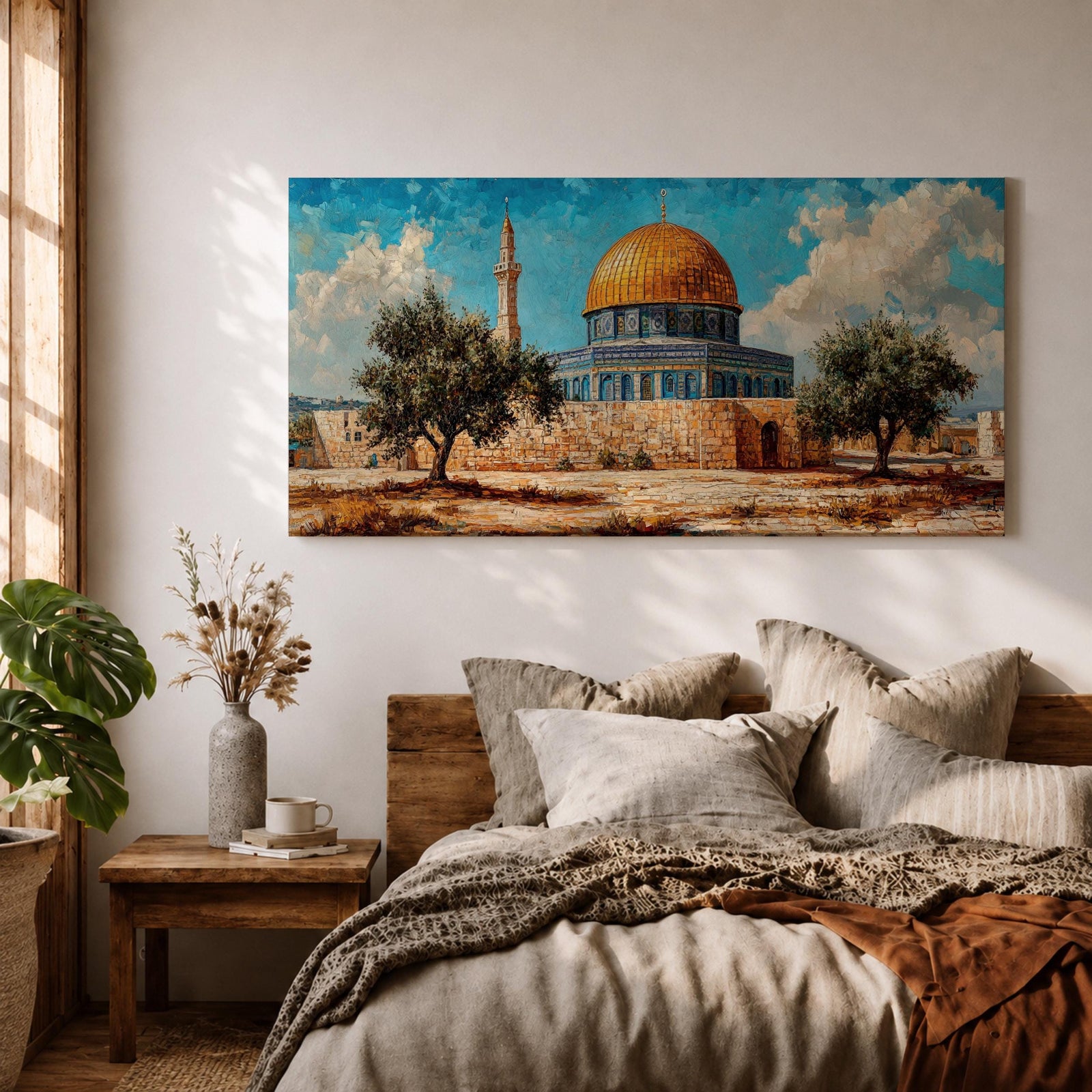 Panoramic painting of Masjid Al Aqsa complex in Jerusalem featuring the golden Dome of the Rock rising above stone walls and blue tiled architecture. Olive trees stand in the foreground while textured brushstrokes capture the historic Islamic shrine beneath a bright sky with scattered clouds across the wide composition.