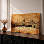 Panoramic sepia toned painting of the Kaaba at Masjid Al Haram in Mecca centered within the expansive mosque courtyard. Surrounding arcades, tall minarets and domed structures frame the sacred cube while small figures move across the marble plaza beneath a warm textured sky.