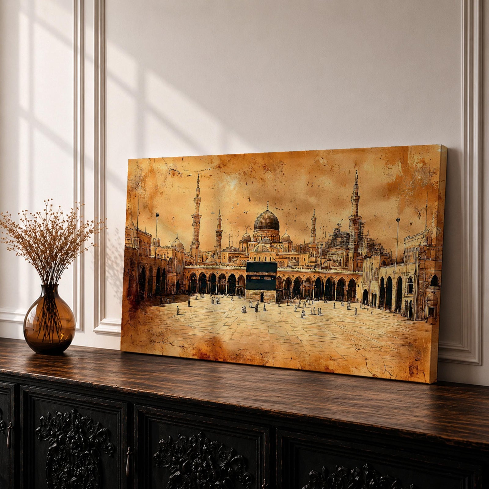 Panoramic sepia toned painting of the Kaaba at Masjid Al Haram in Mecca centered within the expansive mosque courtyard. Surrounding arcades, tall minarets and domed structures frame the sacred cube while small figures move across the marble plaza beneath a warm textured sky.