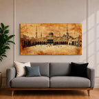 Panoramic sepia toned painting of the Kaaba at Masjid Al Haram in Mecca centered within the expansive mosque courtyard. Surrounding arcades, tall minarets and domed structures frame the sacred cube while small figures move across the marble plaza beneath a warm textured sky.
