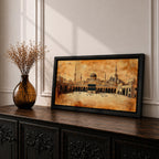 Panoramic sepia toned painting of the Kaaba at Masjid Al Haram in Mecca centered within the expansive mosque courtyard. Surrounding arcades, tall minarets and domed structures frame the sacred cube while small figures move across the marble plaza beneath a warm textured sky.