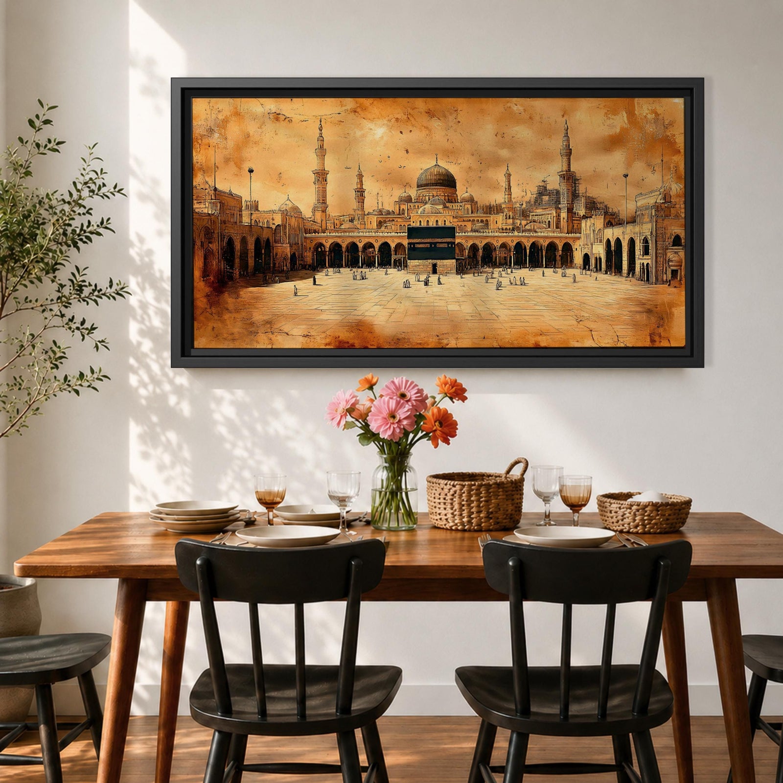 Panoramic sepia toned painting of the Kaaba at Masjid Al Haram in Mecca centered within the expansive mosque courtyard. Surrounding arcades, tall minarets and domed structures frame the sacred cube while small figures move across the marble plaza beneath a warm textured sky.