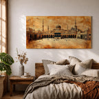 Panoramic sepia toned painting of the Kaaba at Masjid Al Haram in Mecca centered within the expansive mosque courtyard. Surrounding arcades, tall minarets and domed structures frame the sacred cube while small figures move across the marble plaza beneath a warm textured sky.
