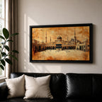 Panoramic sepia toned painting of the Kaaba at Masjid Al Haram in Mecca centered within the expansive mosque courtyard. Surrounding arcades, tall minarets and domed structures frame the sacred cube while small figures move across the marble plaza beneath a warm textured sky.