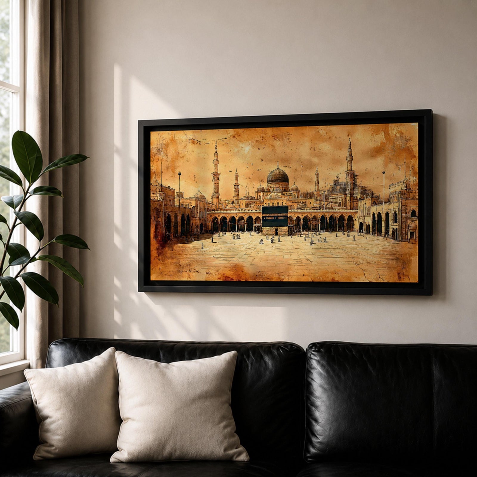 Panoramic sepia toned painting of the Kaaba at Masjid Al Haram in Mecca centered within the expansive mosque courtyard. Surrounding arcades, tall minarets and domed structures frame the sacred cube while small figures move across the marble plaza beneath a warm textured sky.
