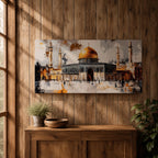 Panoramic painting of the Dome of the Rock within the Haram Al-Sharif complex in Jerusalem featuring the radiant golden dome rising above the octagonal shrine with surrounding minarets and arched courtyards. Expressive brush textures and reflective stone surfaces create a dramatic wide architectural composition.