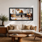 Panoramic painting of the Dome of the Rock within the Haram Al-Sharif complex in Jerusalem featuring the radiant golden dome rising above the octagonal shrine with surrounding minarets and arched courtyards. Expressive brush textures and reflective stone surfaces create a dramatic wide architectural composition.