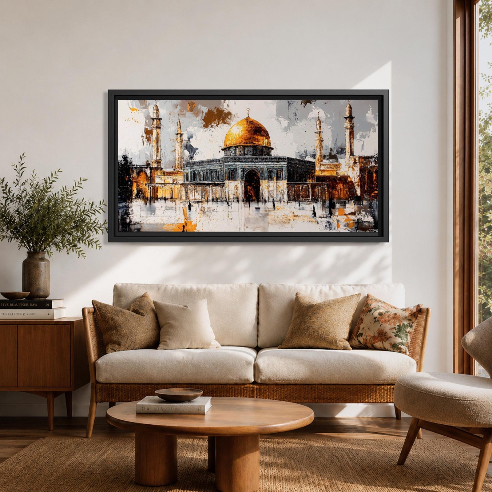 Panoramic painting of the Dome of the Rock within the Haram Al-Sharif complex in Jerusalem featuring the radiant golden dome rising above the octagonal shrine with surrounding minarets and arched courtyards. Expressive brush textures and reflective stone surfaces create a dramatic wide architectural composition.