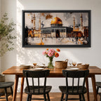 Panoramic painting of the Dome of the Rock within the Haram Al-Sharif complex in Jerusalem featuring the radiant golden dome rising above the octagonal shrine with surrounding minarets and arched courtyards. Expressive brush textures and reflective stone surfaces create a dramatic wide architectural composition.