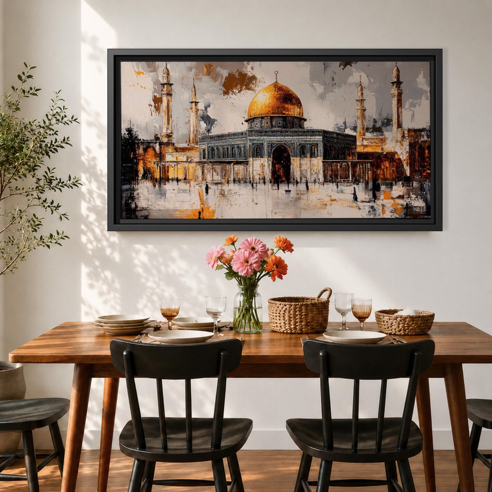 Panoramic painting of the Dome of the Rock within the Haram Al-Sharif complex in Jerusalem featuring the radiant golden dome rising above the octagonal shrine with surrounding minarets and arched courtyards. Expressive brush textures and reflective stone surfaces create a dramatic wide architectural composition.