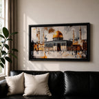 Panoramic painting of the Dome of the Rock within the Haram Al-Sharif complex in Jerusalem featuring the radiant golden dome rising above the octagonal shrine with surrounding minarets and arched courtyards. Expressive brush textures and reflective stone surfaces create a dramatic wide architectural composition.