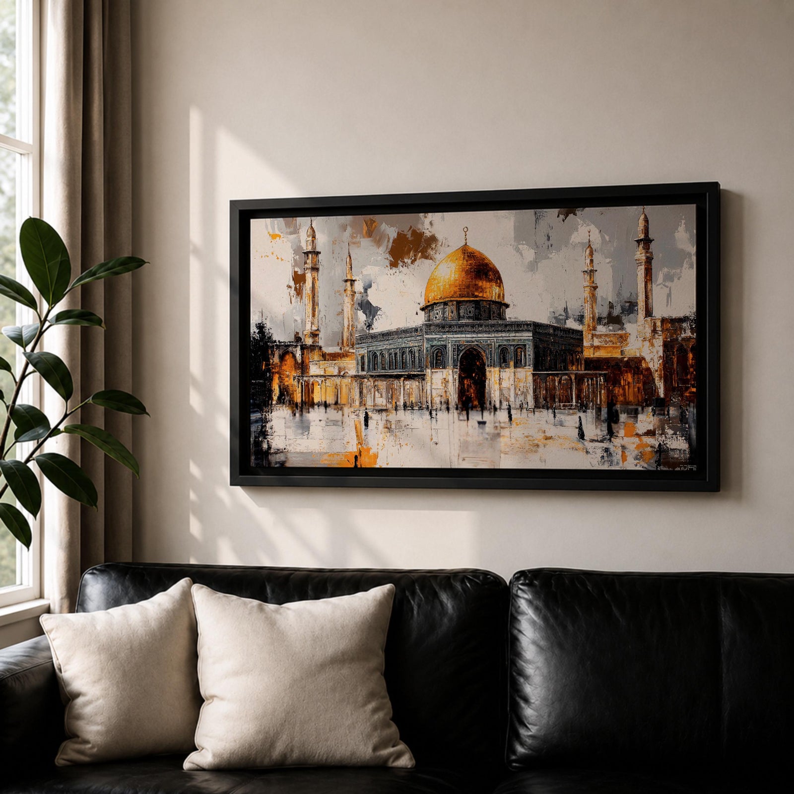 Panoramic painting of the Dome of the Rock within the Haram Al-Sharif complex in Jerusalem featuring the radiant golden dome rising above the octagonal shrine with surrounding minarets and arched courtyards. Expressive brush textures and reflective stone surfaces create a dramatic wide architectural composition.