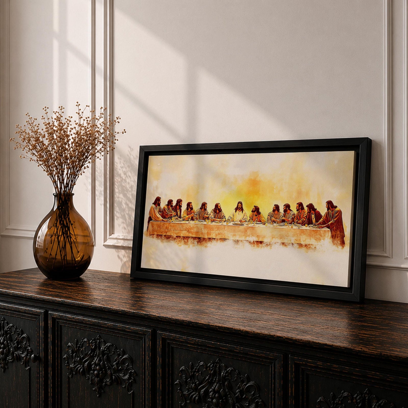Panoramic painting of Jesus seated at the center of a long table surrounded by his apostles during the Last Supper inside a softly lit room. Thick expressive brushstrokes form flowing robes detailed faces bread and cups on the table creating a wide biblical scene with warm glowing tones and layered texture.