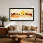 Panoramic painting of Jesus seated at the center of a long table surrounded by his apostles during the Last Supper inside a softly lit room. Thick expressive brushstrokes form flowing robes detailed faces bread and cups on the table creating a wide biblical scene with warm glowing tones and layered texture.