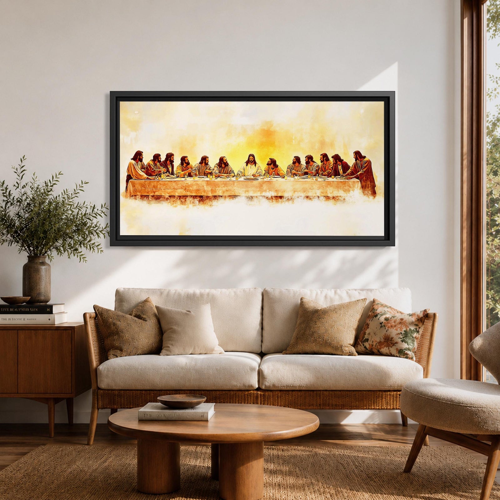 Panoramic painting of Jesus seated at the center of a long table surrounded by his apostles during the Last Supper inside a softly lit room. Thick expressive brushstrokes form flowing robes detailed faces bread and cups on the table creating a wide biblical scene with warm glowing tones and layered texture.