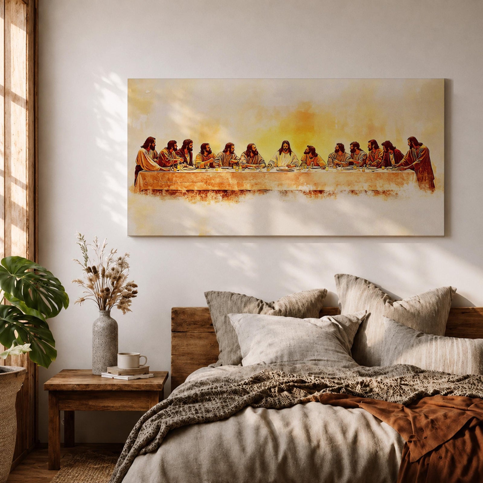Panoramic painting of Jesus seated at the center of a long table surrounded by his apostles during the Last Supper inside a softly lit room. Thick expressive brushstrokes form flowing robes detailed faces bread and cups on the table creating a wide biblical scene with warm glowing tones and layered texture.